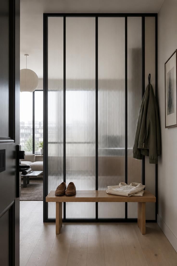 11 Inviting Eclectic Entryway Ideas for an Artful Home 7 Compact urban entry with black steel partition, reeded glass, low oak slatted bench, suede loafers, and folded tote in cool overcast light.