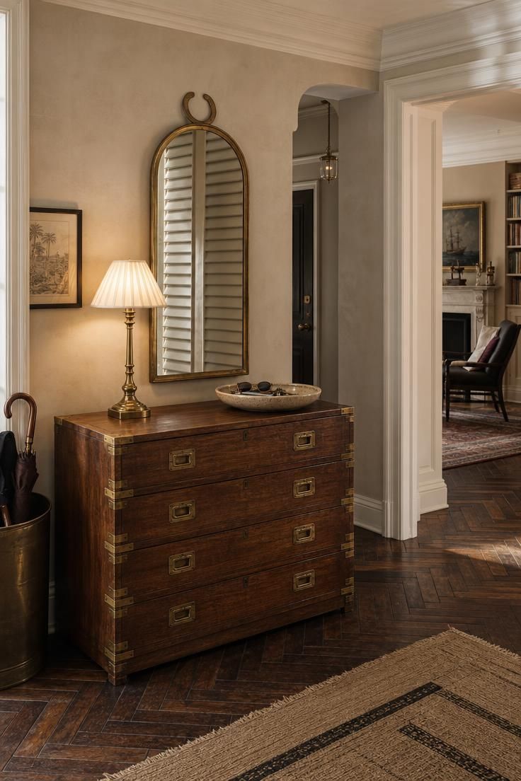 11 Inviting Eclectic Entryway Ideas for an Artful Home 8 Wide foyer with vintage teak campaign chest, brass corners, horseshoe-top louvered mirror, brass lamp, and ceramic bowl in soft diffused light.