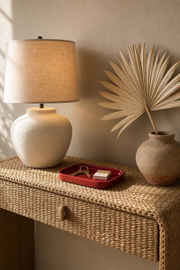 11 Inviting Eclectic Entryway Ideas for an Artful Home 9 Woven raffia console with ceramic lamp, raw linen shade, dried palm frond, and red lacquered tray against a warm greige wall in bright midday light.