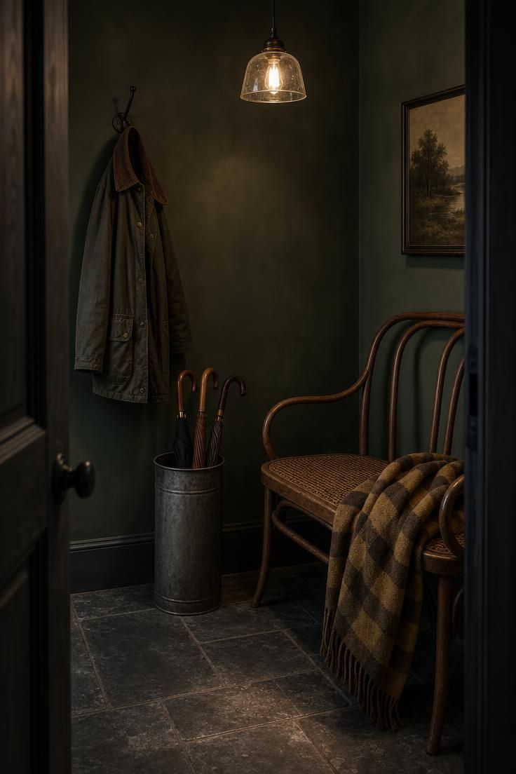 11 Inviting Eclectic Entryway Ideas for an Artful Home 10 Compact mudroom entry with bentwood bench, checkered wool blanket, zinc umbrella stand with wooden-handled umbrellas, and waxed-cotton jacket in moody low light.
