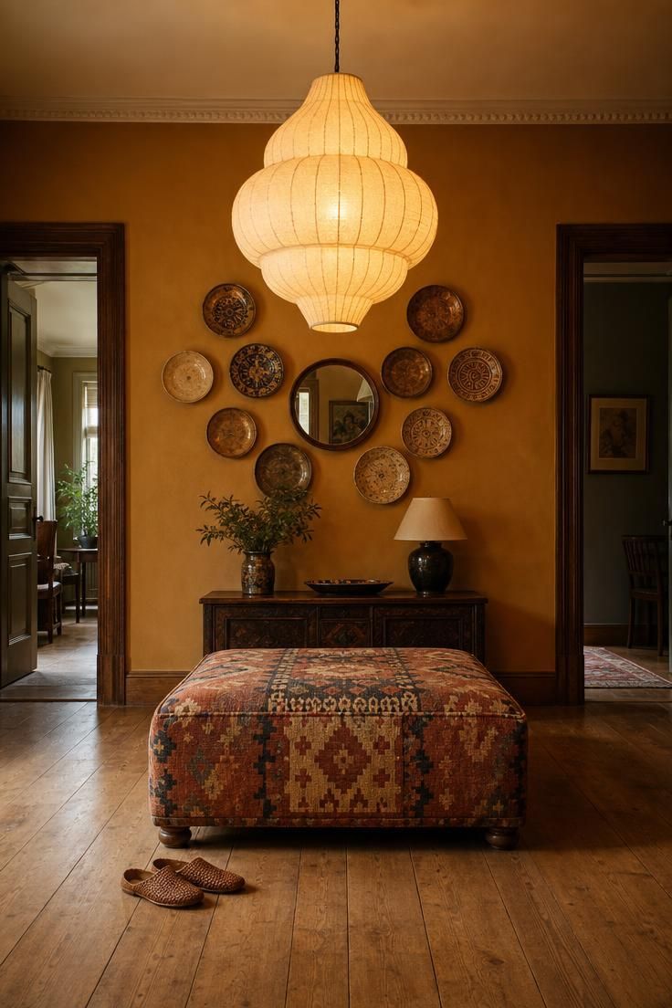 11 Inviting Eclectic Entryway Ideas for an Artful Home 11 Square foyer with kilim-covered ottoman, paper-lantern pendant, salon wall of vintage plates and small mirror, in warm golden light.