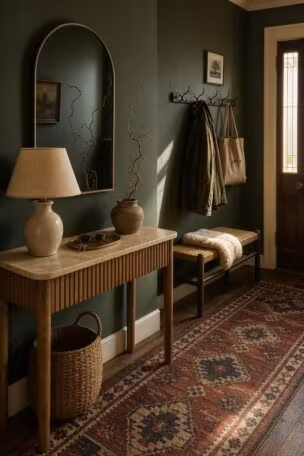 Modest eclectic entryway with fluted oak console, travertine top, arched smoked mirror, kilim runner, cane bench, and warm golden side light.
