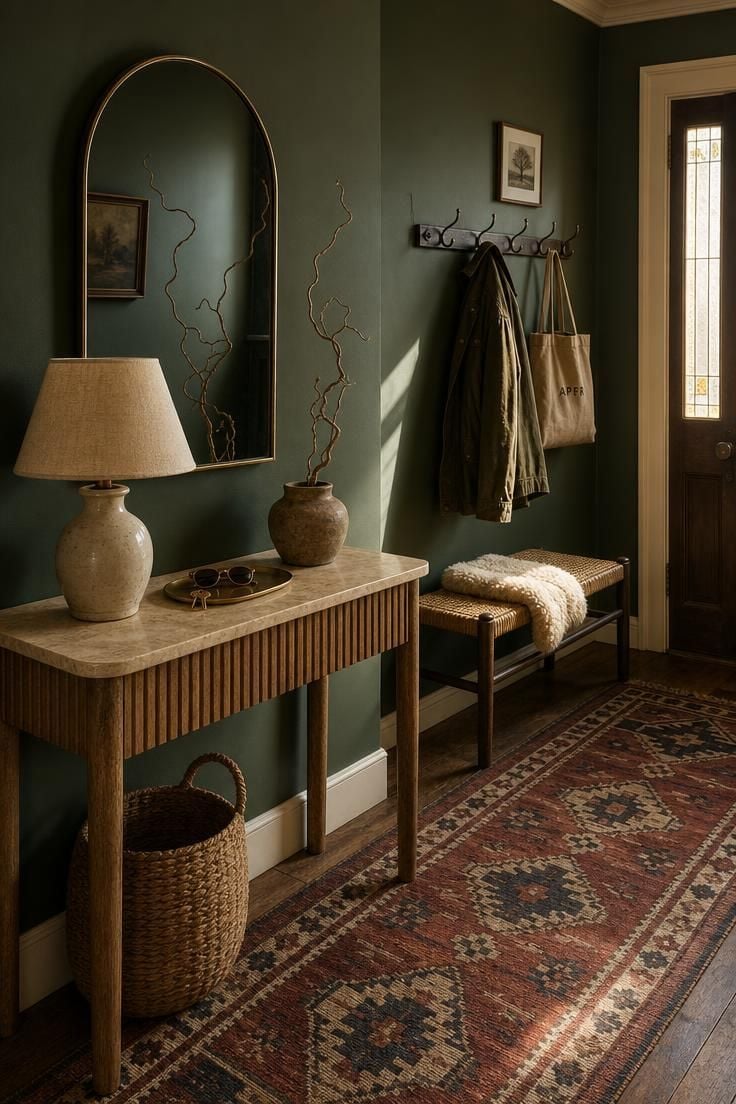Simple Spaces 19 Modest eclectic entryway with fluted oak console, travertine top, arched smoked mirror, kilim runner, cane bench, and warm golden side light.