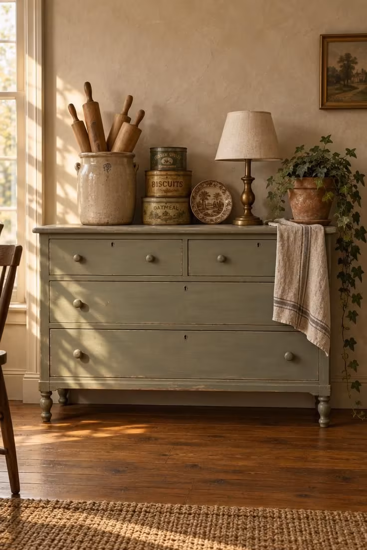 13 Warm Eclectic Farmhouse Decor Ideas for a Collected Home 1 Sage-painted pine dresser with a stoneware crock of rolling pins, vintage tins, and a small brass lamp against a plaster wall.