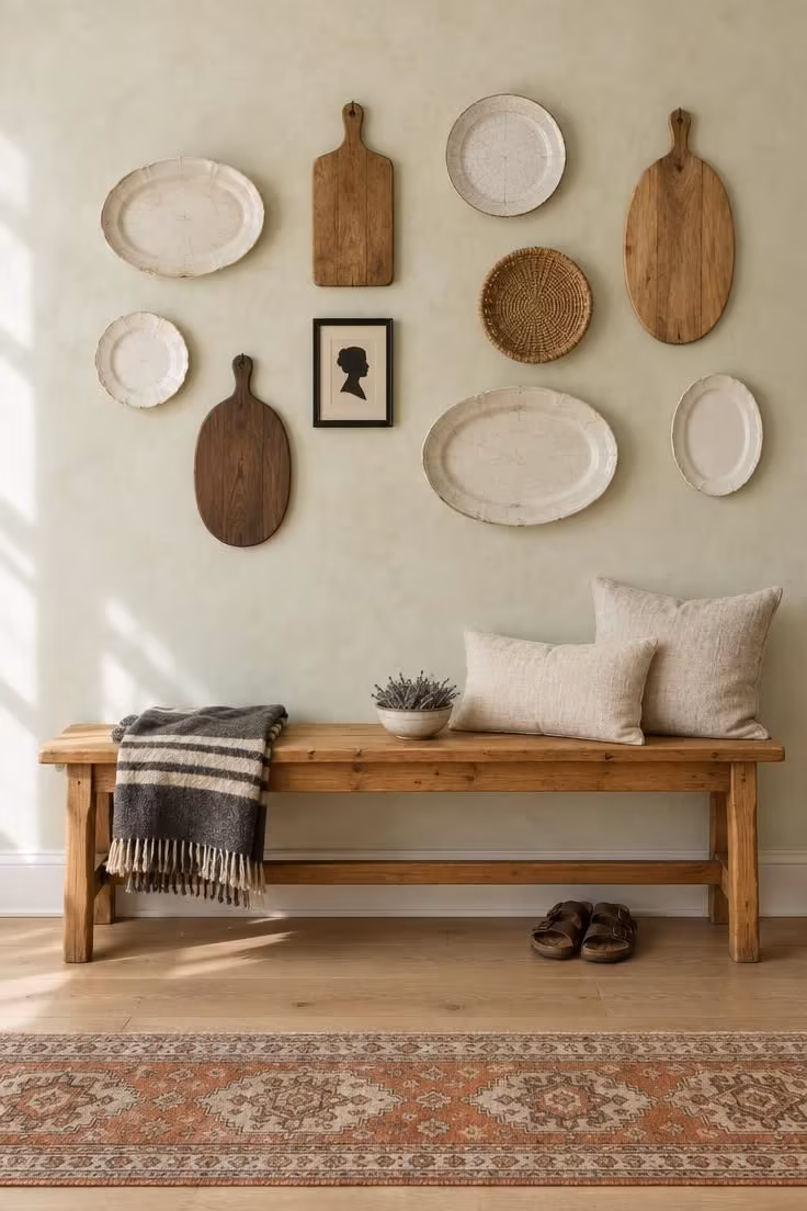 13 Warm Eclectic Farmhouse Decor Ideas for a Collected Home 2 Loose arrangement of ironstone plates and wood cutting boards above a pine bench with folded striped wool blanket.