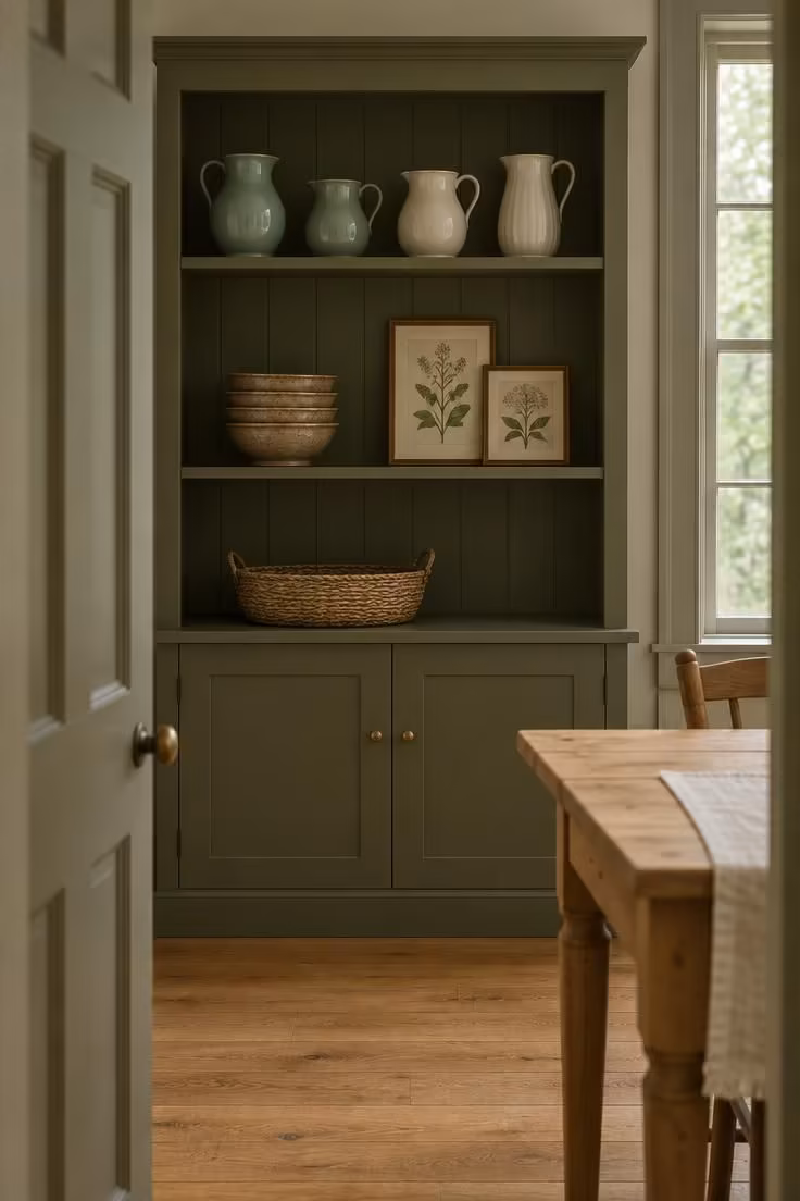 13 Warm Eclectic Farmhouse Decor Ideas for a Collected Home 3 Open olive-painted step-back cupboard with glazed pitchers, stacked bowls, and leaning framed prints.