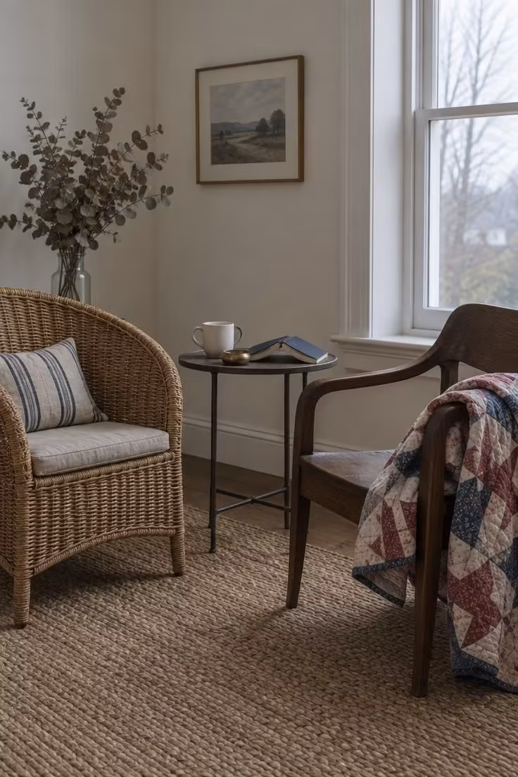 13 Warm Eclectic Farmhouse Decor Ideas for a Collected Home 4 Wicker and dark wood chairs paired with a folded patchwork quilt and small round side table.