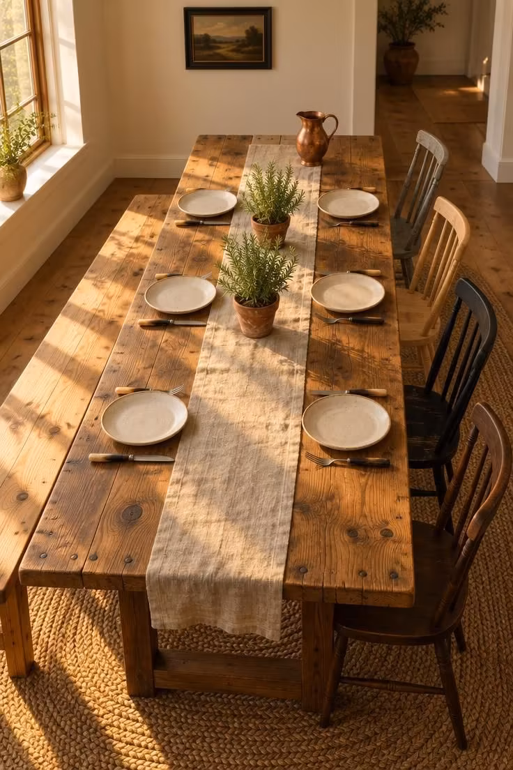 13 Warm Eclectic Farmhouse Decor Ideas for a Collected Home 5 Long plank harvest table with a pine bench on one side and mismatched spindle chairs on the other.