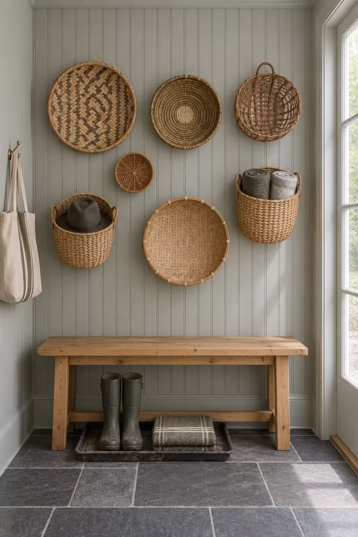 13 Warm Eclectic Farmhouse Decor Ideas for a Collected Home 6 Five woven baskets of varied construction hung on a beadboard entry wall above a pine bench and boot tray.