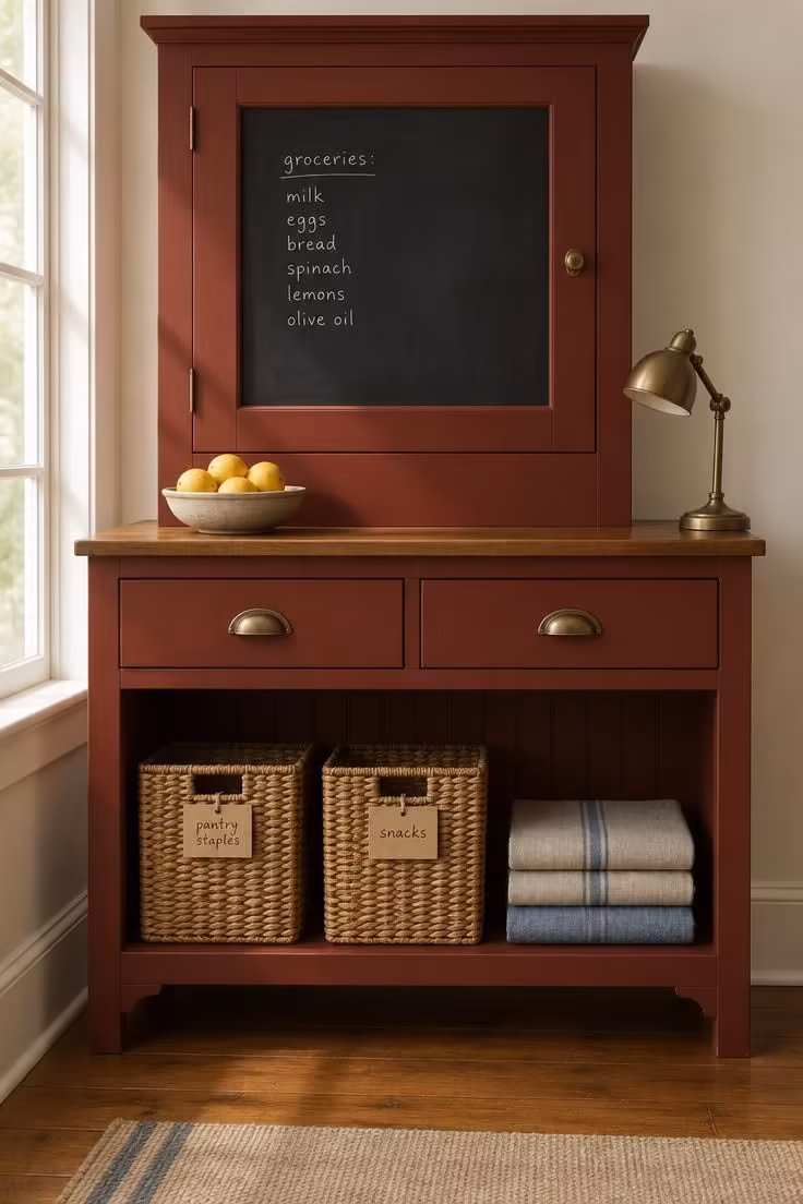 13 Warm Eclectic Farmhouse Decor Ideas for a Collected Home 8 Brick red freestanding pantry cabinet with a chalkboard door panel, woven baskets, and folded linen runners.