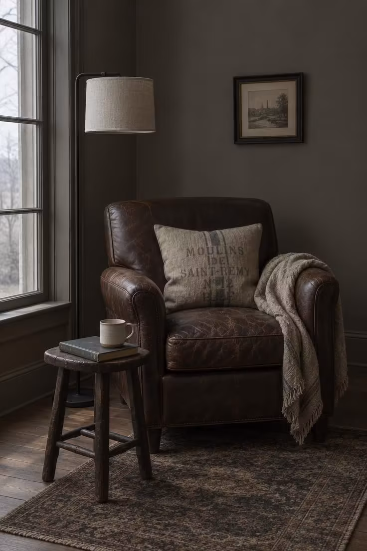 13 Warm Eclectic Farmhouse Decor Ideas for a Collected Home 9 Dark leather armchair with a faded grain-sack pillow and black iron floor lamp in a quiet study corner.