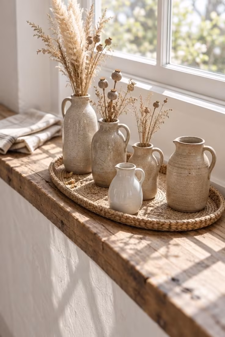 13 Warm Eclectic Farmhouse Decor Ideas for a Collected Home 10 Row of stoneware jugs on a deep plank windowsill, two holding dried stems, with a shallow woven tray beneath.