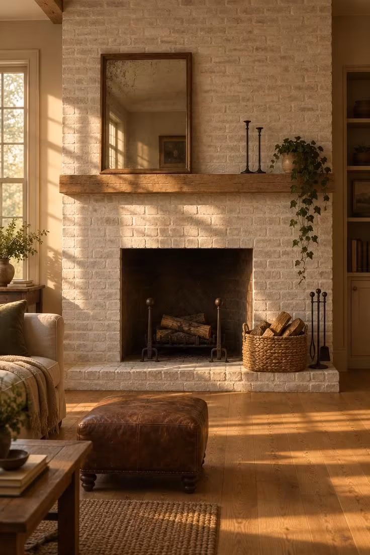 13 Warm Eclectic Farmhouse Decor Ideas for a Collected Home 11 Limewashed brick fireplace with an off-center mantel grouping of an aged mirror, candlesticks, and a trailing ivy.