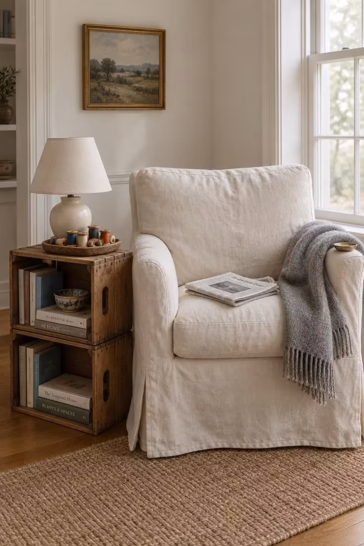 13 Warm Eclectic Farmhouse Decor Ideas for a Collected Home 12 Cream slipcovered armchair beside a stacked wood crate side table holding a small lamp and thread spools.