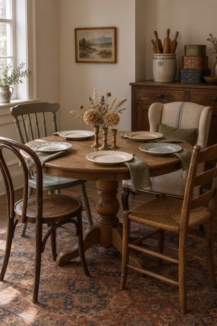 13 Warm Eclectic Farmhouse Decor Ideas for a Collected Home 13 Round oak dining table with mismatched chairs, mixed ironstone plates, and a low brass candlestick centerpiece.