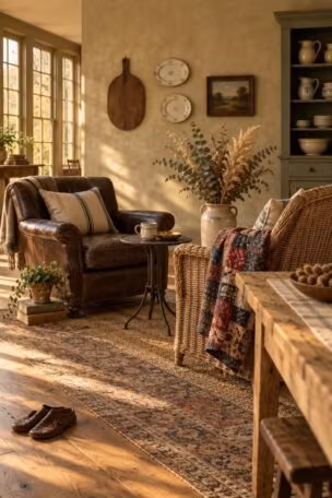 Warm eclectic farmhouse living room with mismatched leather and wicker seating, layered textiles, a plaster gallery wall, and an open olive cupboard in golden afternoon light.