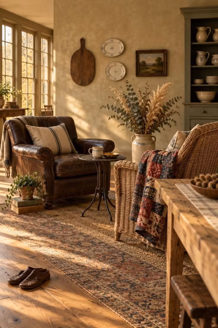 Simple Spaces 18 Warm eclectic farmhouse living room with mismatched leather and wicker seating, layered textiles, a plaster gallery wall, and an open olive cupboard in golden afternoon light.