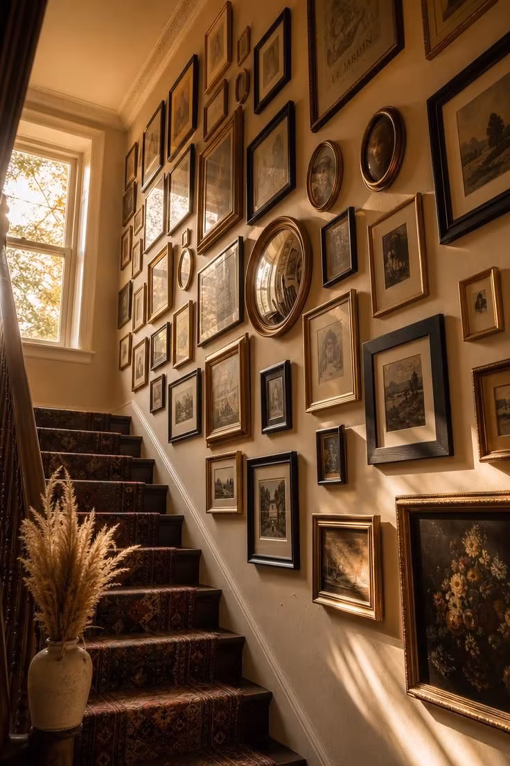13 Eclectic Gallery Wall Ideas Worth Stealing This Season 1 A stairwell salon style wall art arrangement climbing from waist height to the ceiling in warm afternoon light.