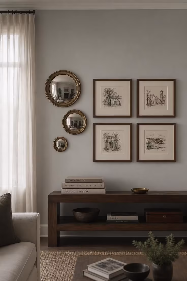 13 Eclectic Gallery Wall Ideas Worth Stealing This Season 2 Round convex mirrors and square ink sketches in walnut frames arranged on a soft gray living room wall.