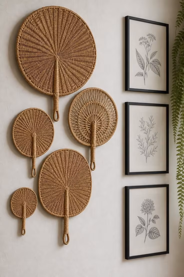 13 Eclectic Gallery Wall Ideas Worth Stealing This Season 3 Woven rattan fans clustered beside framed botanical line drawings on a plaster white wall.