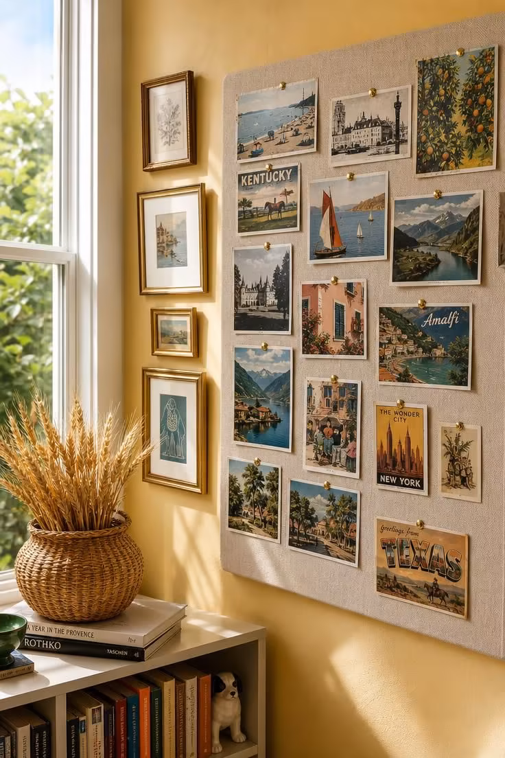 13 Eclectic Gallery Wall Ideas Worth Stealing This Season 4 Vintage postcards pinned to a linen cork board beside brass-framed prints in bright midday light.