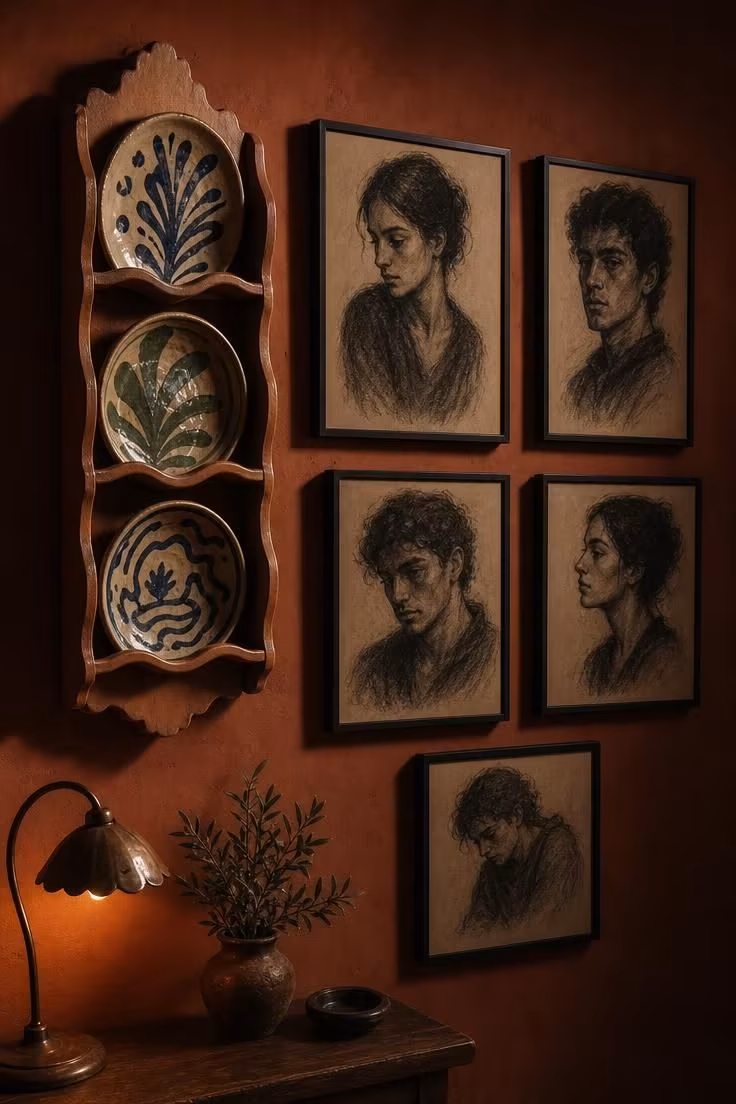 13 Eclectic Gallery Wall Ideas Worth Stealing This Season 5 A terracotta plate rack beside charcoal portrait sketches on a deep clay red wall in moody lamp light.