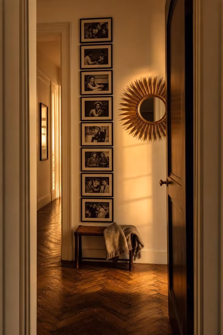 13 Eclectic Gallery Wall Ideas Worth Stealing This Season 6 A vertical column of black-and-white film stills beside a brass sunburst mirror in a warm-lit hallway.