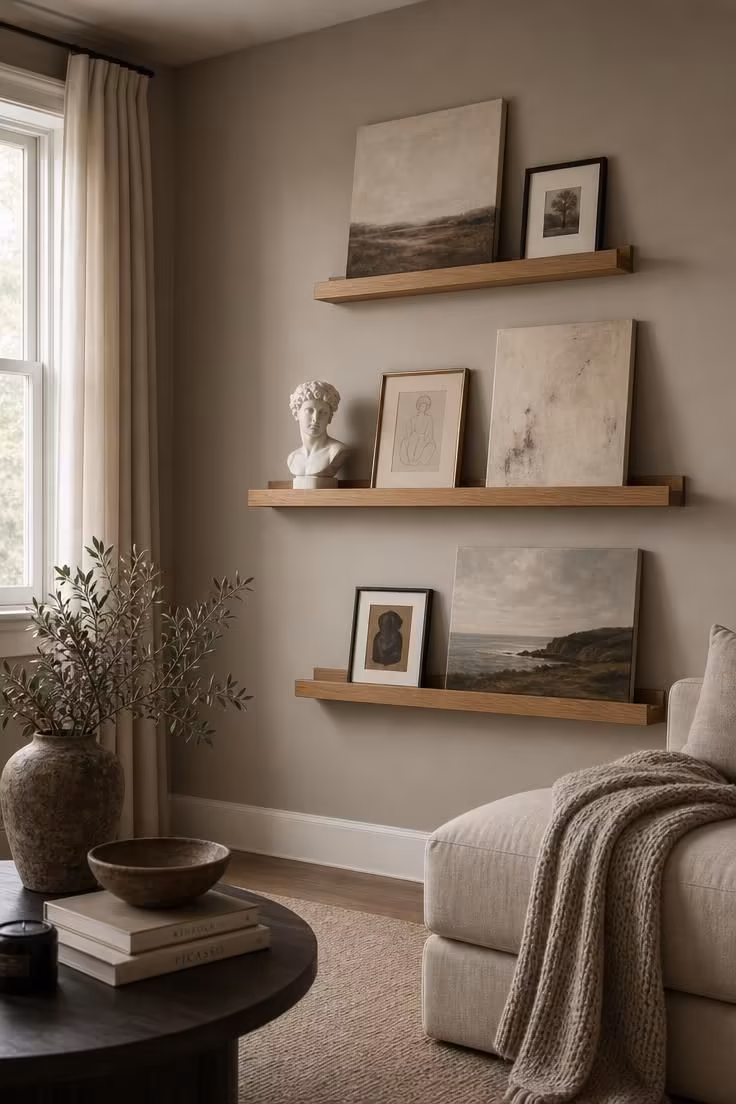 13 Eclectic Gallery Wall Ideas Worth Stealing This Season 7 Floating oak ledges holding leaning canvases and a ceramic bust extend an eclectic gallery wall.