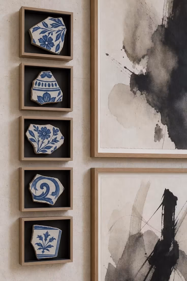 13 Eclectic Gallery Wall Ideas Worth Stealing This Season 8 Hand-painted tile fragments in shadow-box frames beside abstract ink wash paintings on a limestone wall.