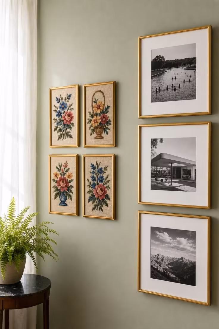 13 Eclectic Gallery Wall Ideas Worth Stealing This Season 9 Vintage needlepoint panels beside modern photography prints in matching gold frames on a sage wall.