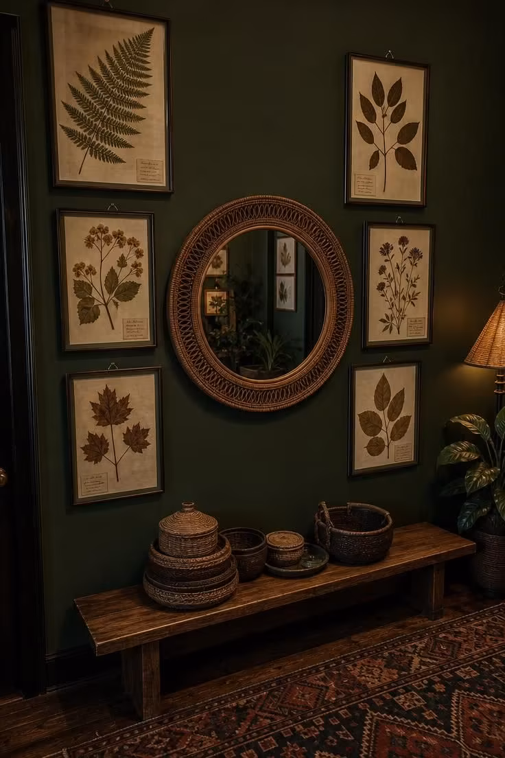 13 Eclectic Gallery Wall Ideas Worth Stealing This Season 10 Pressed botanical specimens in glass frames surround a round rattan mirror on a deep green wall.
