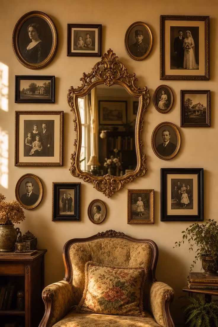 13 Eclectic Gallery Wall Ideas Worth Stealing This Season 11 Mismatched oval and rectangular frames in gold and black surround an ornate gilt mirror on a cream wall.