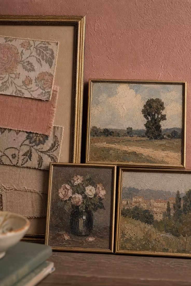 13 Eclectic Gallery Wall Ideas Worth Stealing This Season 12 Framed fabric swatches layered beside miniature oil study paintings on a textured dusty rose plaster wall.