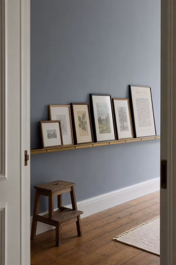 13 Eclectic Gallery Wall Ideas Worth Stealing This Season 13 Stacked frames lean at an angle from a brass picture rail on a soft slate blue wall.