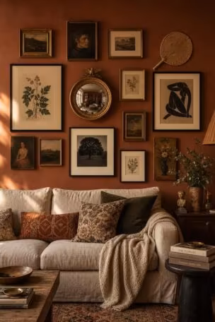 A warm, collected eclectic gallery wall combining mixed frames, a mirror, and botanical prints above a linen sofa.