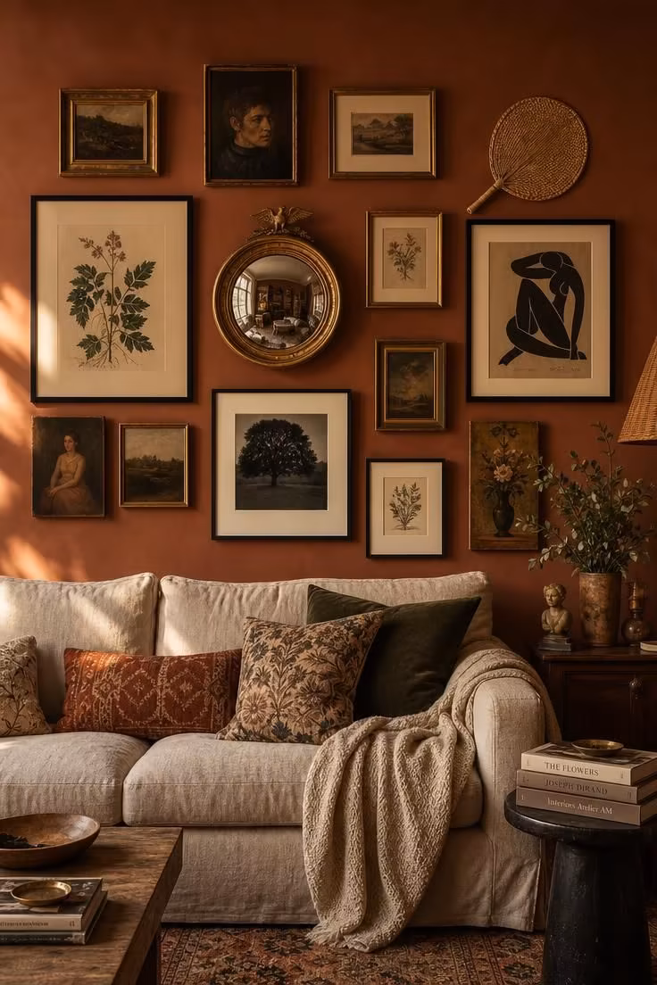 Simple Spaces 17 A warm, collected eclectic gallery wall combining mixed frames, a mirror, and botanical prints above a linen sofa.