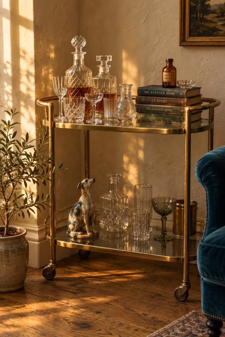 13 Warm Eclectic Glam Decor Ideas That Feel Collected 1 Two-tier brass and glass bar cart styled with crystal decanters, a stack of vintage books, and a ceramic figurine in warm afternoon light.