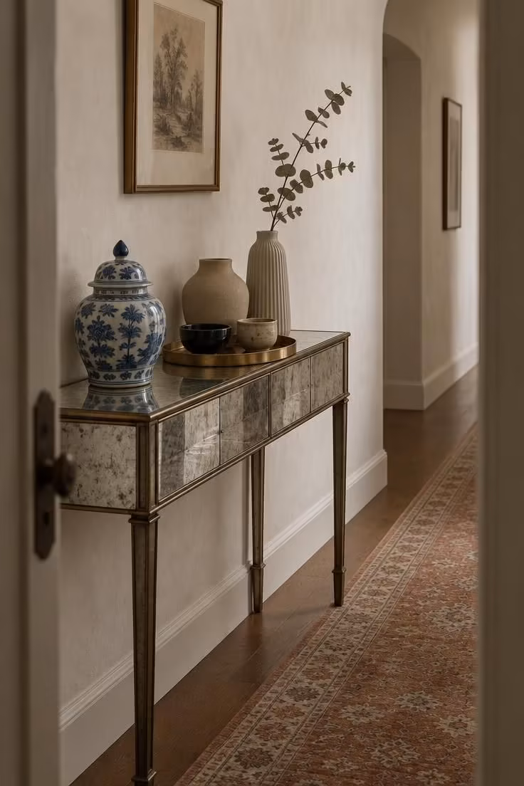 13 Warm Eclectic Glam Decor Ideas That Feel Collected 2 Mirrored console with a collected grouping of five mixed-glaze ceramics on a brass tray against a plain painted wall in a narrow entry.