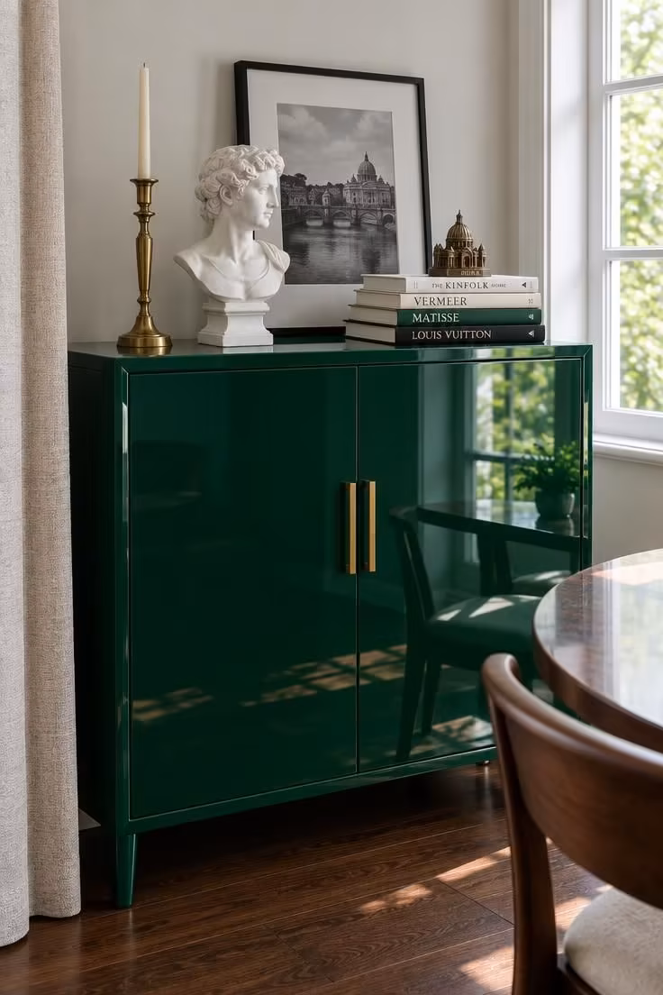 13 Warm Eclectic Glam Decor Ideas That Feel Collected 3 Emerald high-gloss lacquered cabinet topped with a small bust, brass candlestick, art book stack, and souvenir figurine in bright midday light.