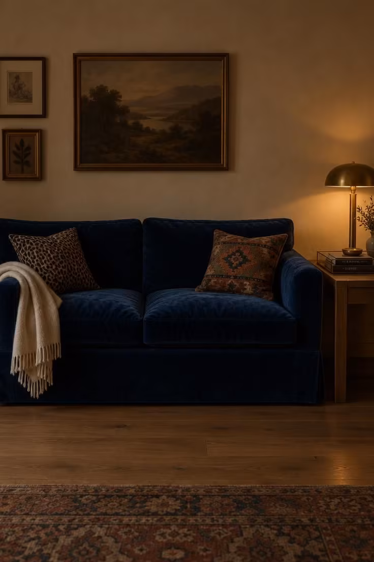 13 Warm Eclectic Glam Decor Ideas That Feel Collected 4 Deep sapphire velvet sofa against a plain cream wall with an animal-print cushion, a kilim cushion, and a brass lamp on a matte wood side table.