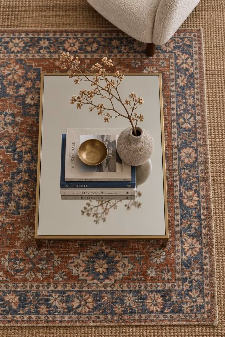 13 Warm Eclectic Glam Decor Ideas That Feel Collected 5 Overhead view of a vintage flatweave rug layered over a jute base with a mirrored coffee table holding books and a brass bowl.
