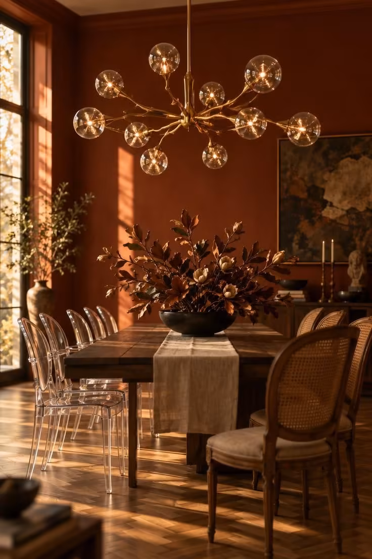 13 Warm Eclectic Glam Decor Ideas That Feel Collected 6 Sculptural brass chandelier above a mixed-era dining table with acrylic and cane chairs, dried branches in a black bowl as the centerpiece.