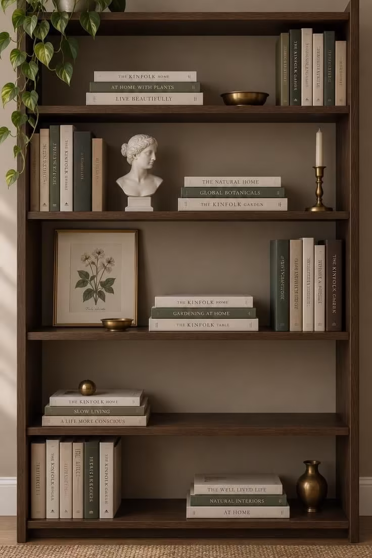 13 Warm Eclectic Glam Decor Ideas That Feel Collected 8 Open wood étagère styled with alternating book stacks, a small bust, a leaning framed print, and brass objects across the shelves.
