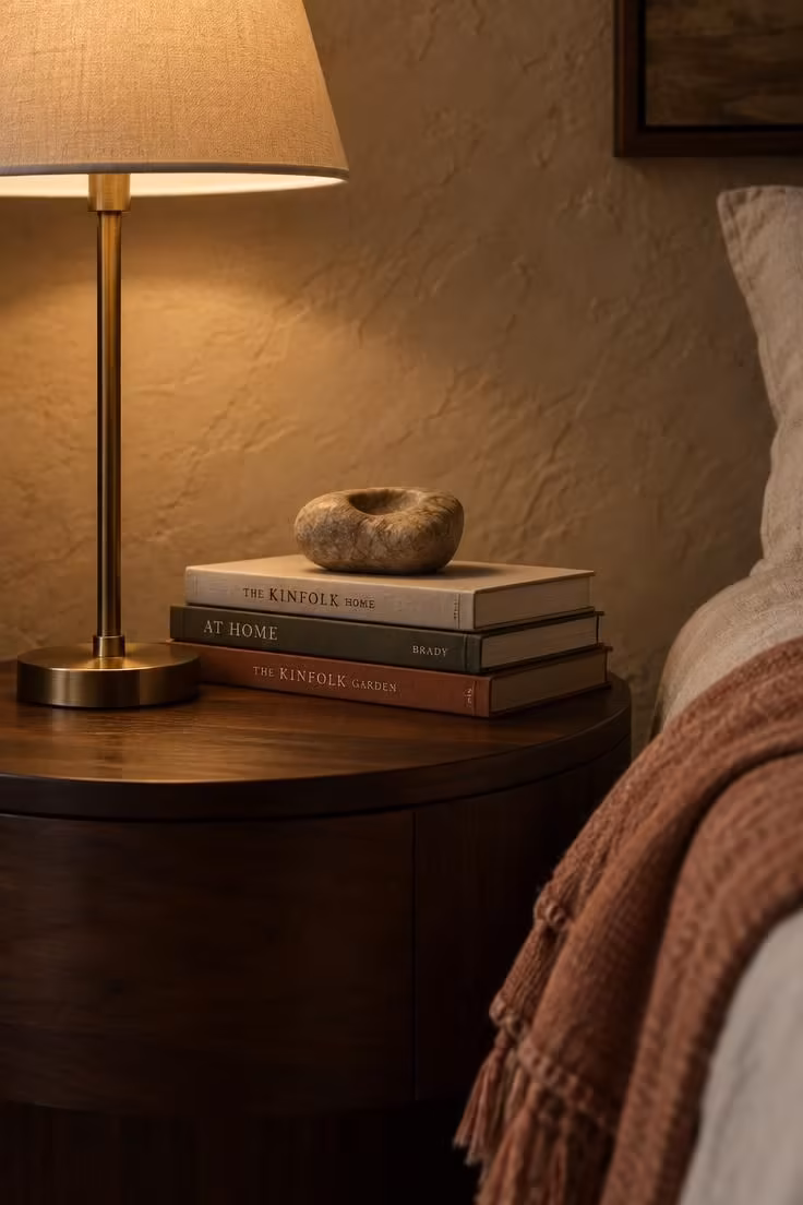 13 Warm Eclectic Glam Decor Ideas That Feel Collected 9 Brass lamp on a walnut nightstand with a stack of books, a carved stone object, and a folded linen throw at the edge of a bed.