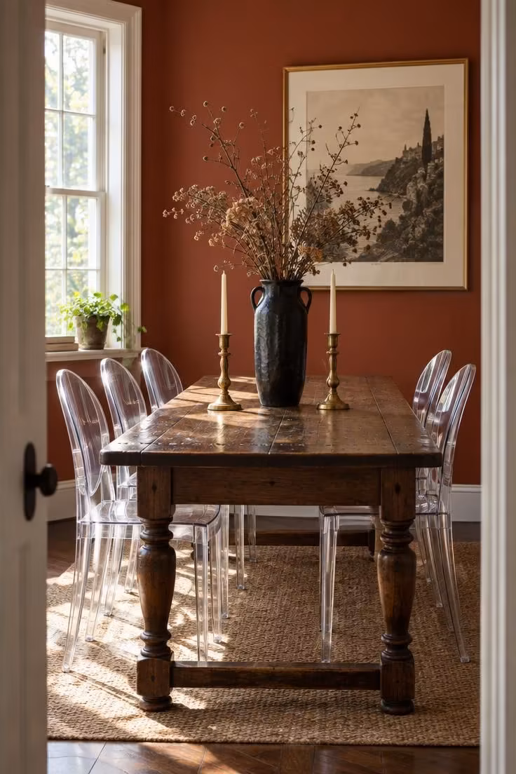13 Warm Eclectic Glam Decor Ideas That Feel Collected 10 Antique oak dining table with clear acrylic chairs and a tall black vessel holding dried branches as a centerpiece in a compact corner.