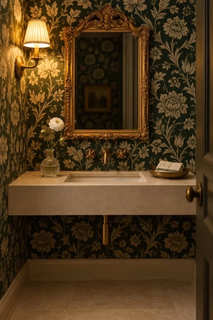 13 Warm Eclectic Glam Decor Ideas That Feel Collected 11 Small powder room with deep green patterned wallpaper, an ornate gilt mirror, and a single stem in a ribbed glass vase.