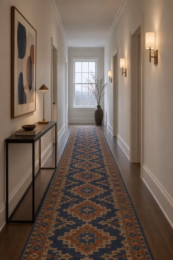 13 Warm Eclectic Glam Decor Ideas That Feel Collected 12 Long hallway with a patterned indigo and rust runner, a slim black console, framed art, and repeating wall sconces.