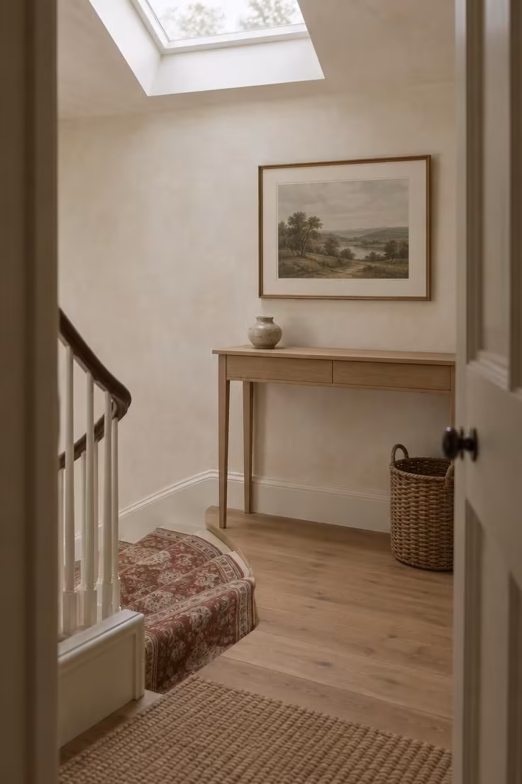 13 Warm Eclectic Glam Decor Ideas That Feel Collected 13 Upper stair landing with a patterned runner, a shallow oak console, a framed landscape print, and a single ceramic vessel.