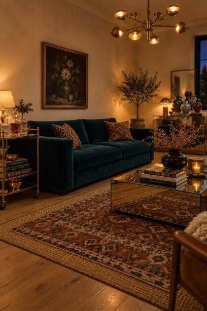 13 Warm Eclectic Glam Decor Ideas That Feel Collected Warm eclectic glam living room at dusk with a teal velvet sofa, brass bar cart, mirrored console, layered vintage rugs, and a glowing brass chandelier.