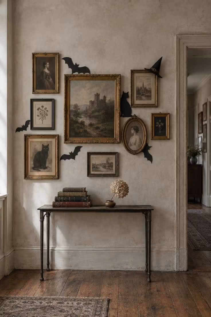 10 Eclectic Halloween Decor Ideas for a Wonderfully Odd Home 1 Hallway gallery wall with black bat and cat silhouettes tucked behind gilt and thrift-store frames, a small witch hat on one corner, and vintage books on a slim console below.